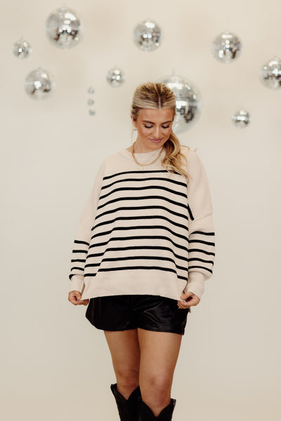 Ecru Striped Oversized Comfy Sweater