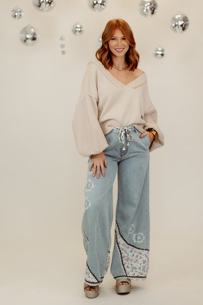 Denim Floral Patch Embroidered Wide Leg Pants