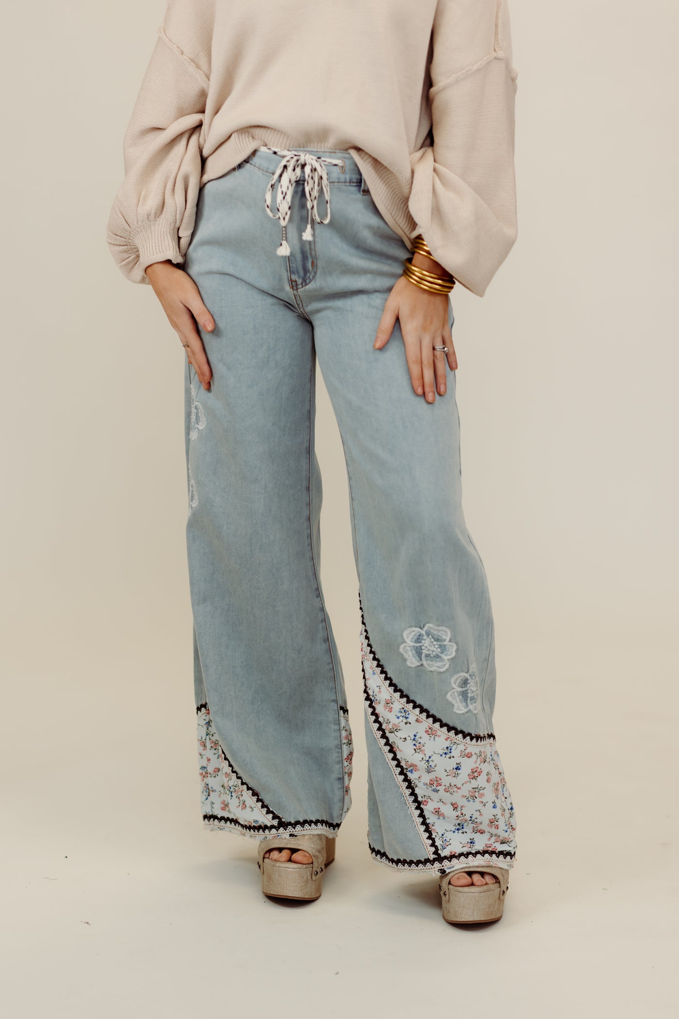 Denim Floral Patch Embroidered Wide Leg Pants