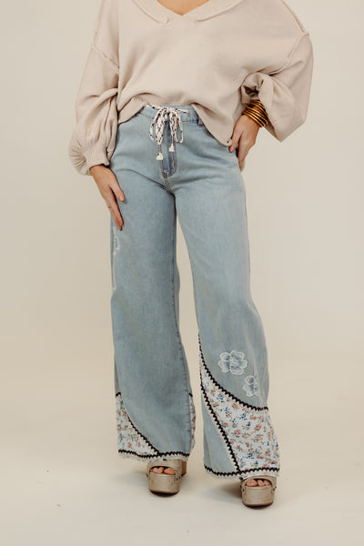 Denim Floral Patch Embroidered Wide Leg Pants