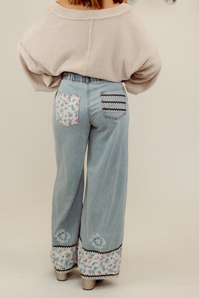 Denim Floral Patch Embroidered Wide Leg Pants