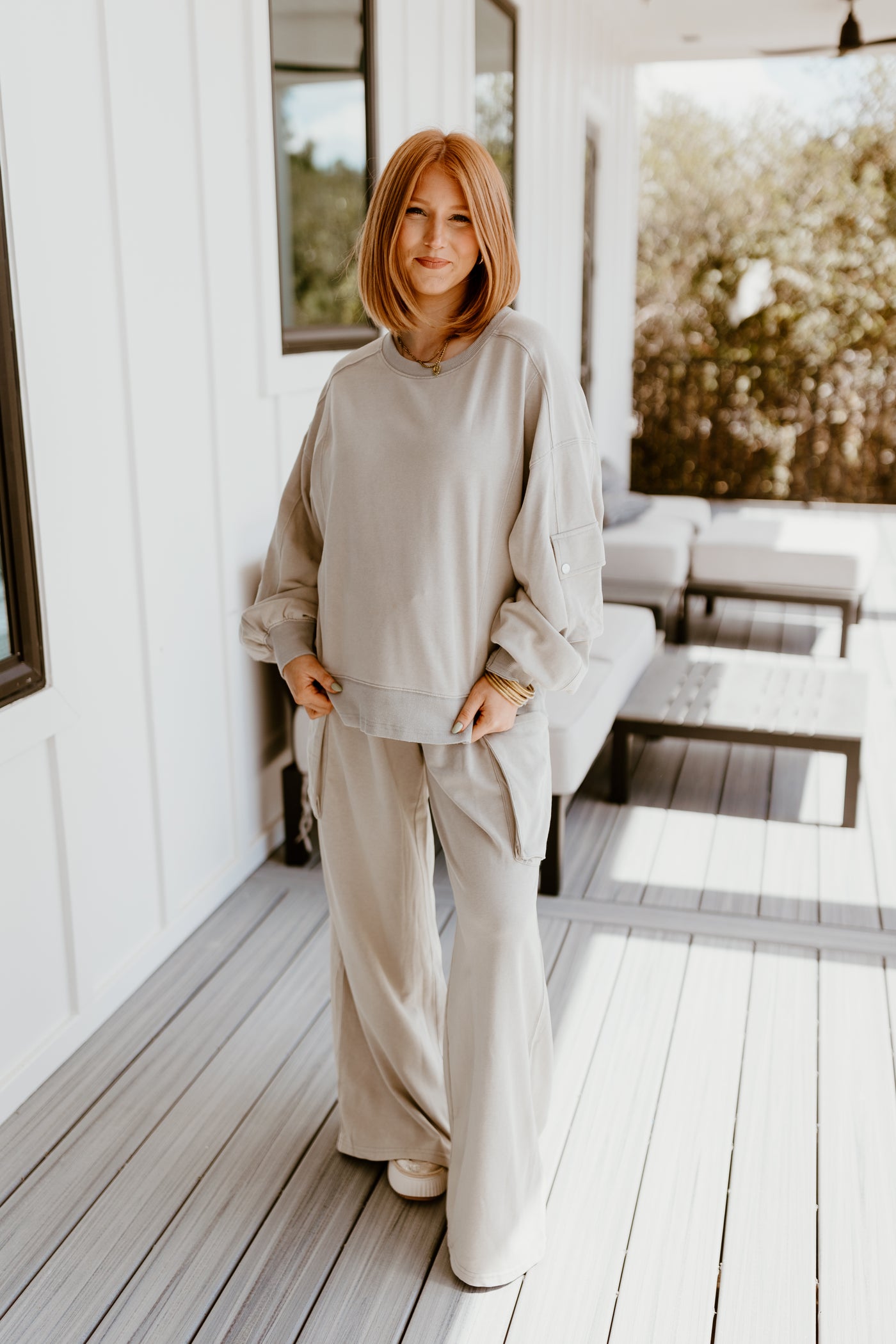 Grey Oversized Pocket Detail Sweatshirt and Wide Leg Pant Set