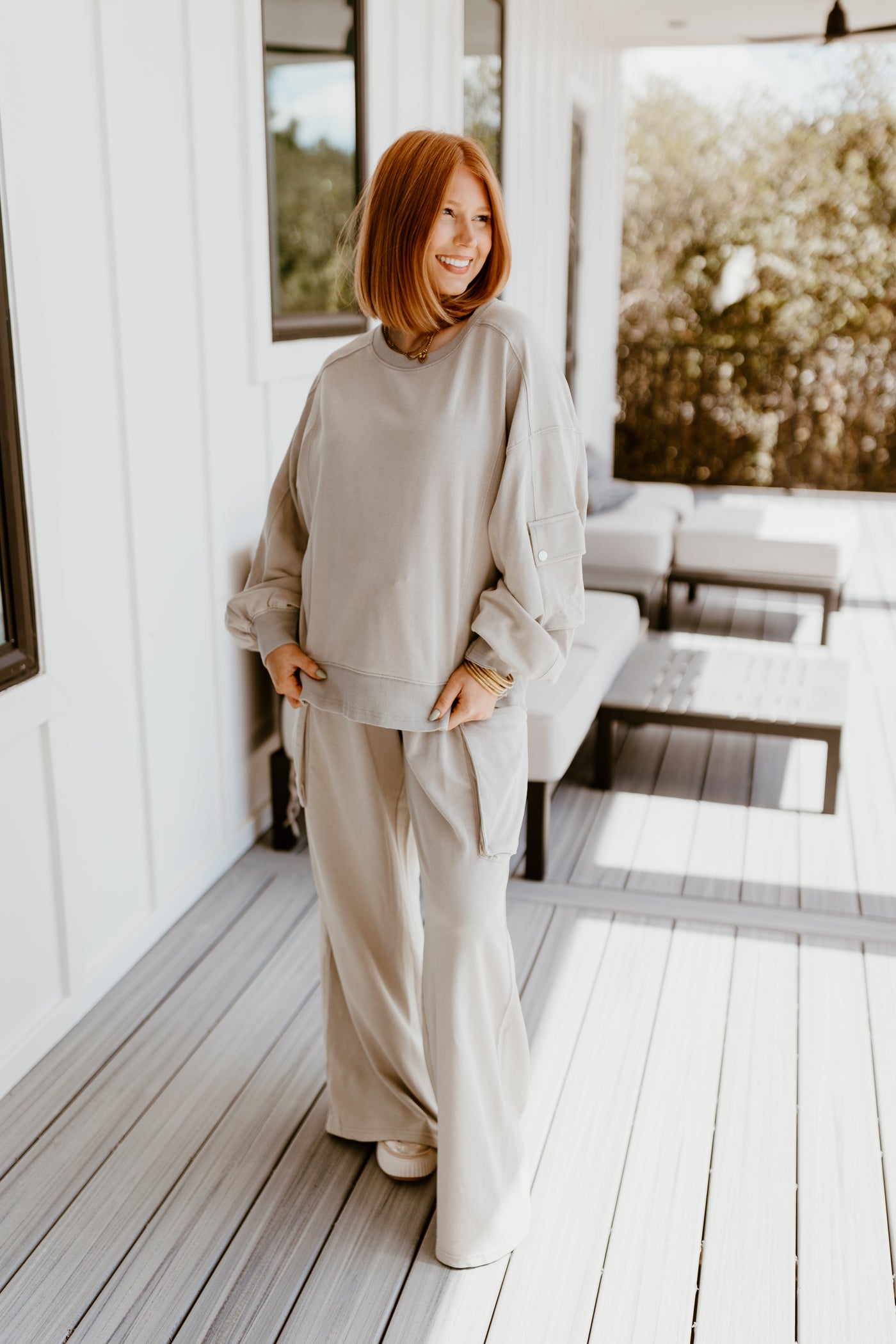 Grey Oversized Pocket Detail Sweatshirt and Wide Leg Pant Set