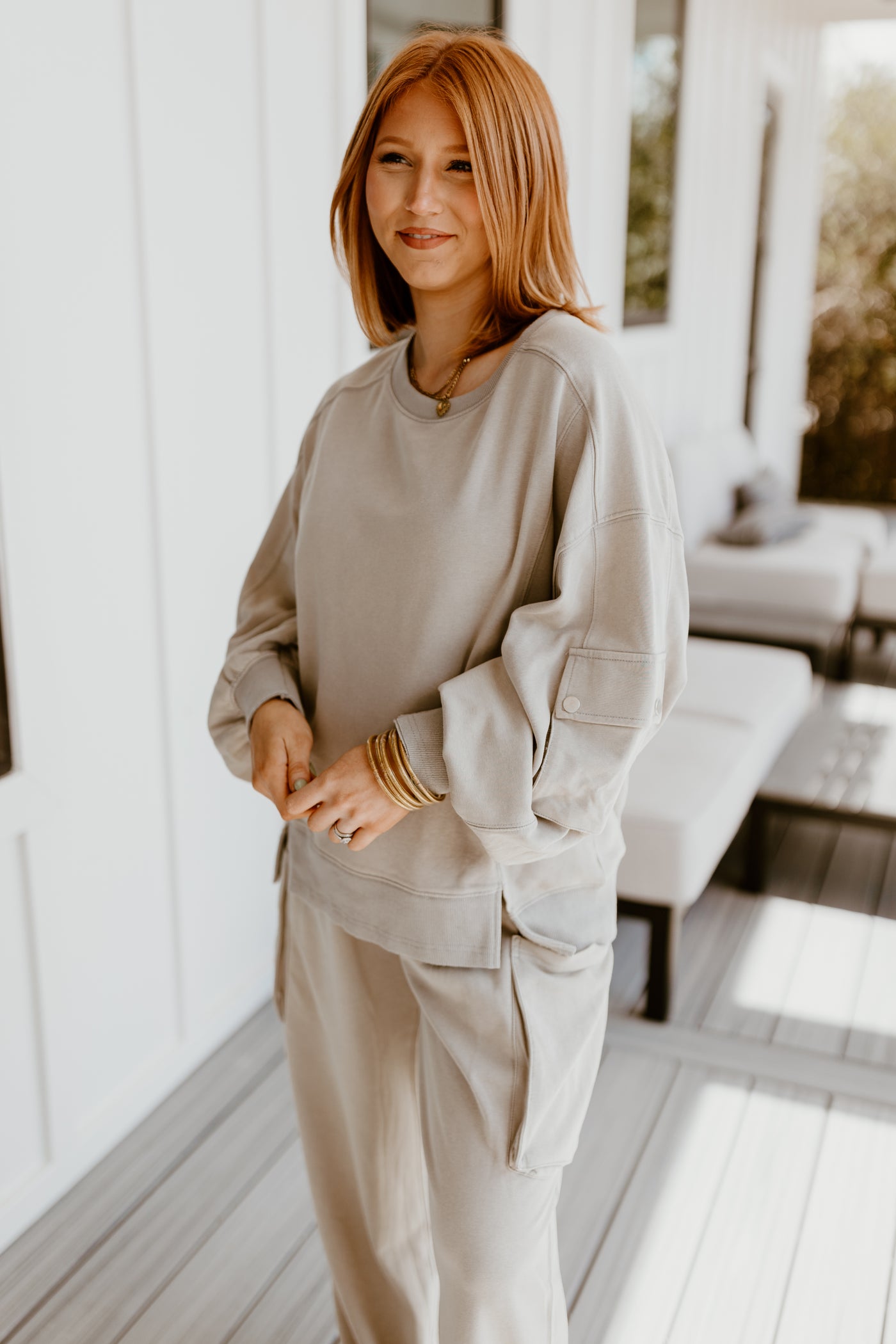 Grey Oversized Pocket Detail Sweatshirt and Wide Leg Pant Set