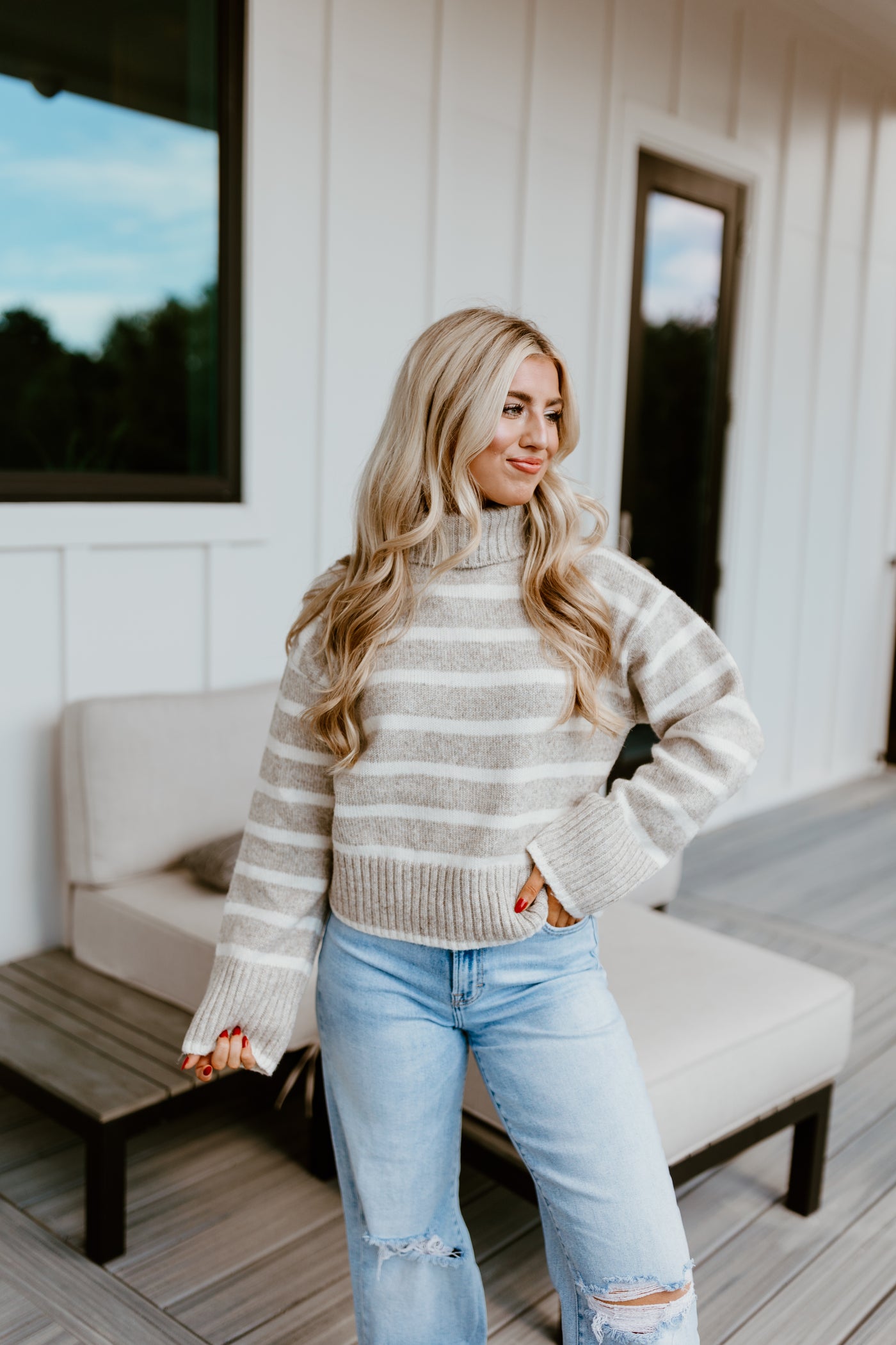 Z Supply Josephine Stripe Turtleneck Sweater- Heather Taupe