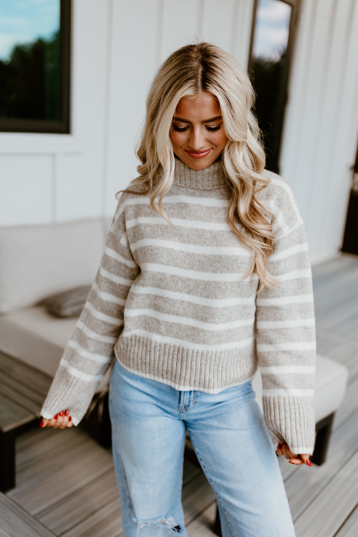 Z Supply Josephine Stripe Turtleneck Sweater- Heather Taupe