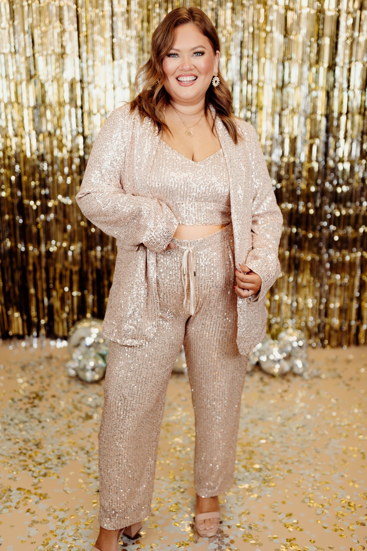 Champagne Blazer, Crop Top and Pant Set