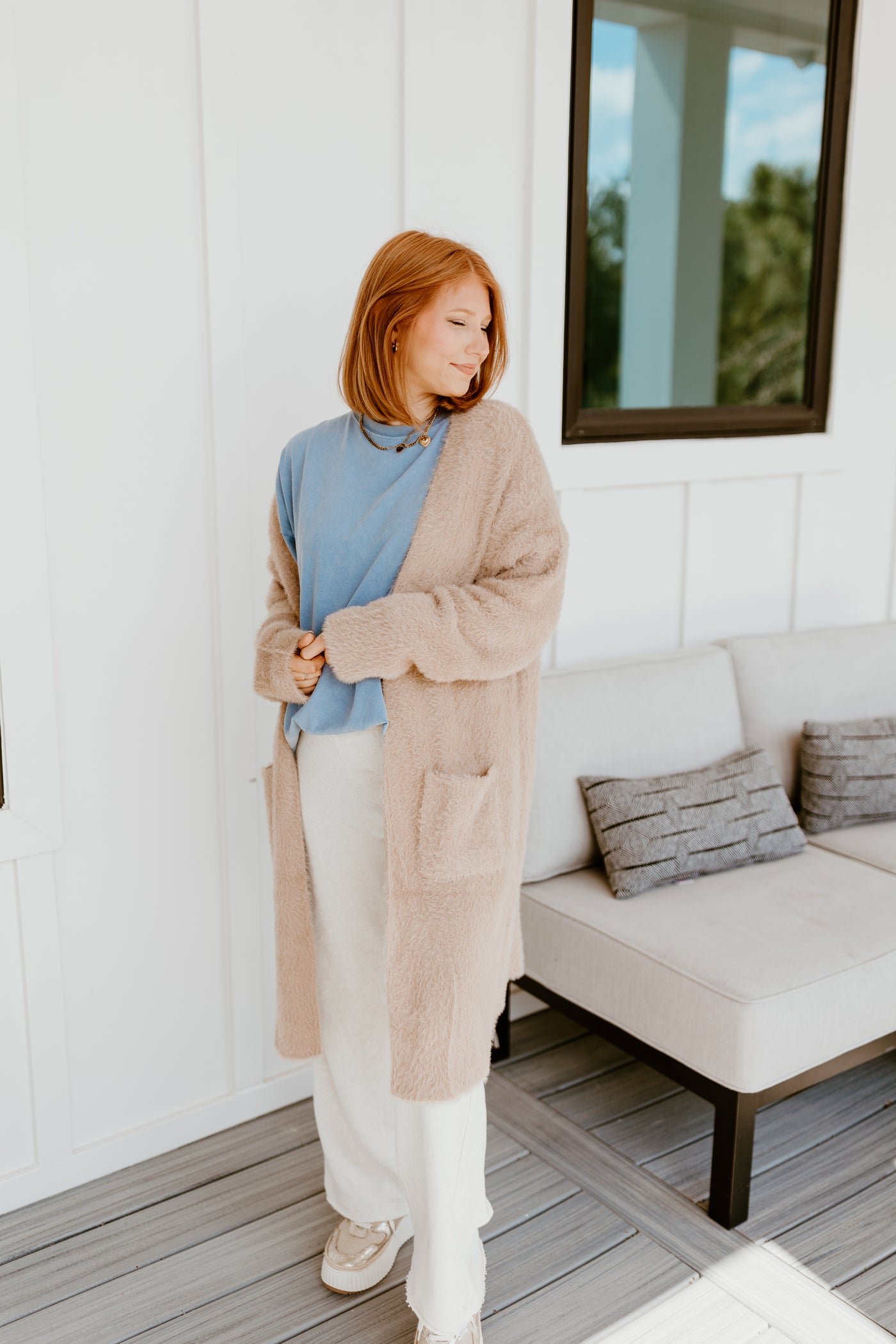 Taupe Brushed Knit Open Cardigan