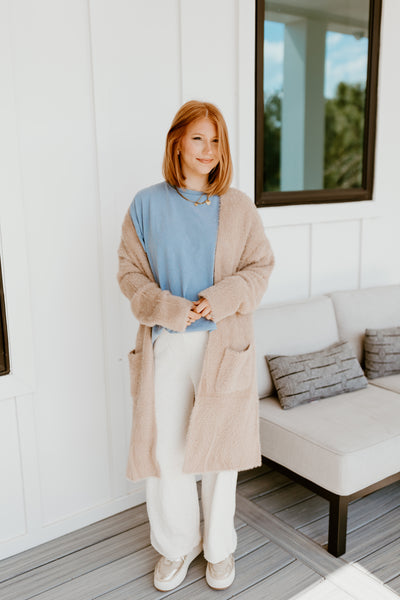 Taupe Brushed Knit Open Cardigan