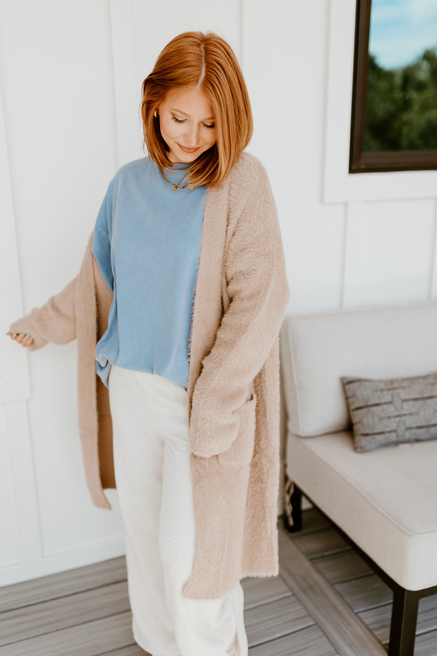 Taupe Brushed Knit Open Cardigan