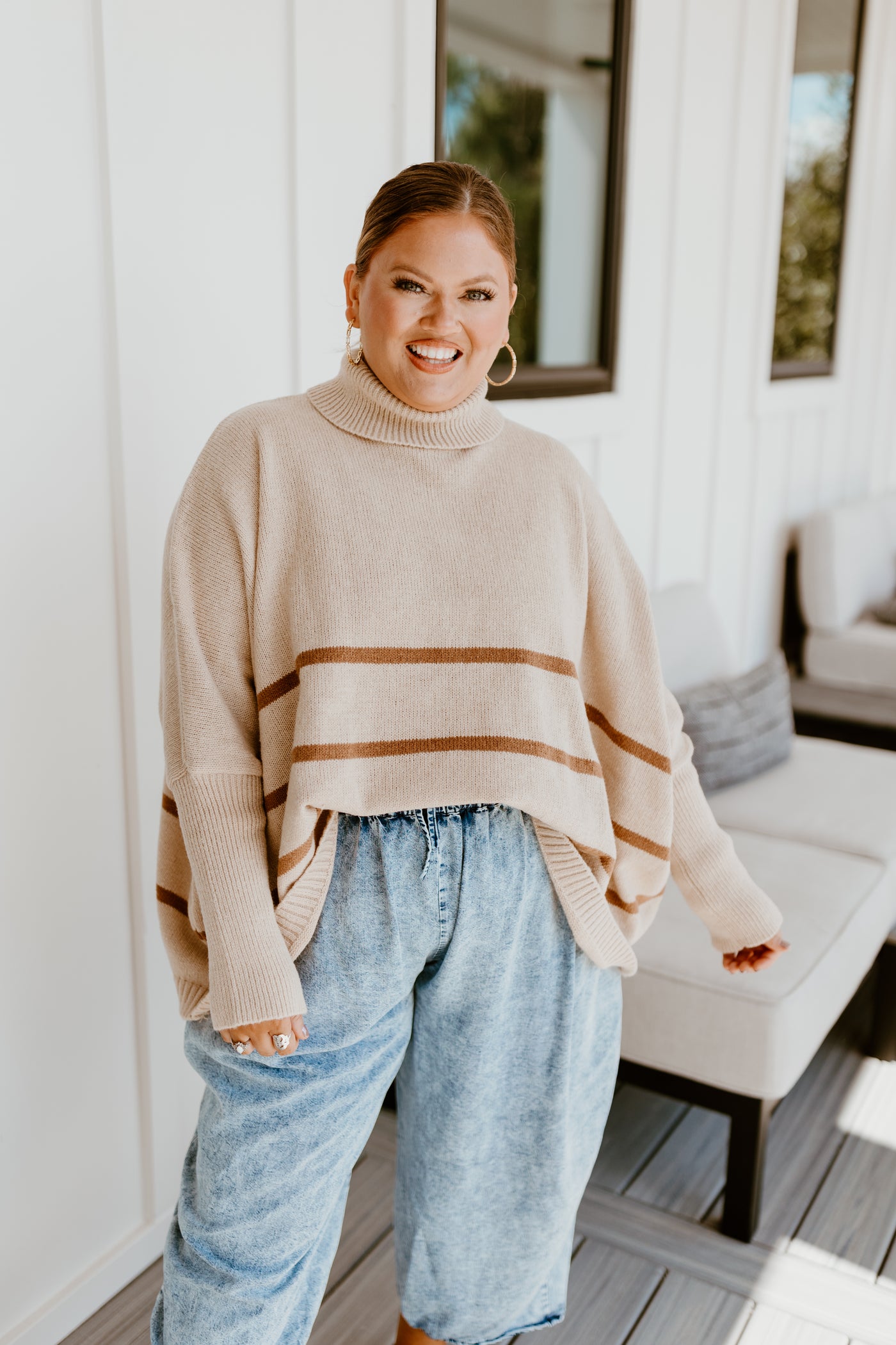 Light Taupe Striped Turtleneck Oversized Sweater