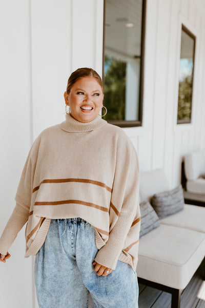 Light Taupe Striped Turtleneck Oversized Sweater