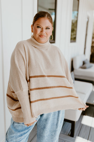 Light Taupe Striped Turtleneck Oversized Sweater