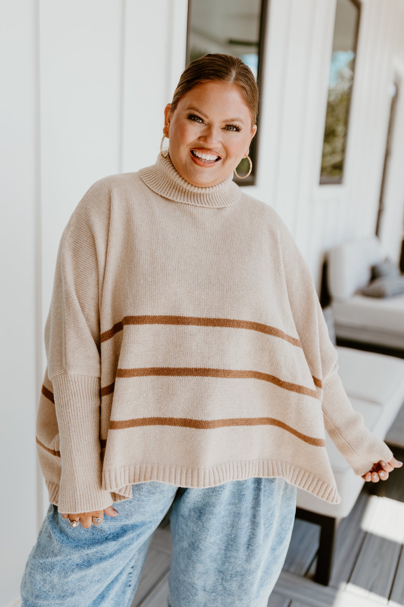 Light Taupe Striped Turtleneck Oversized Sweater