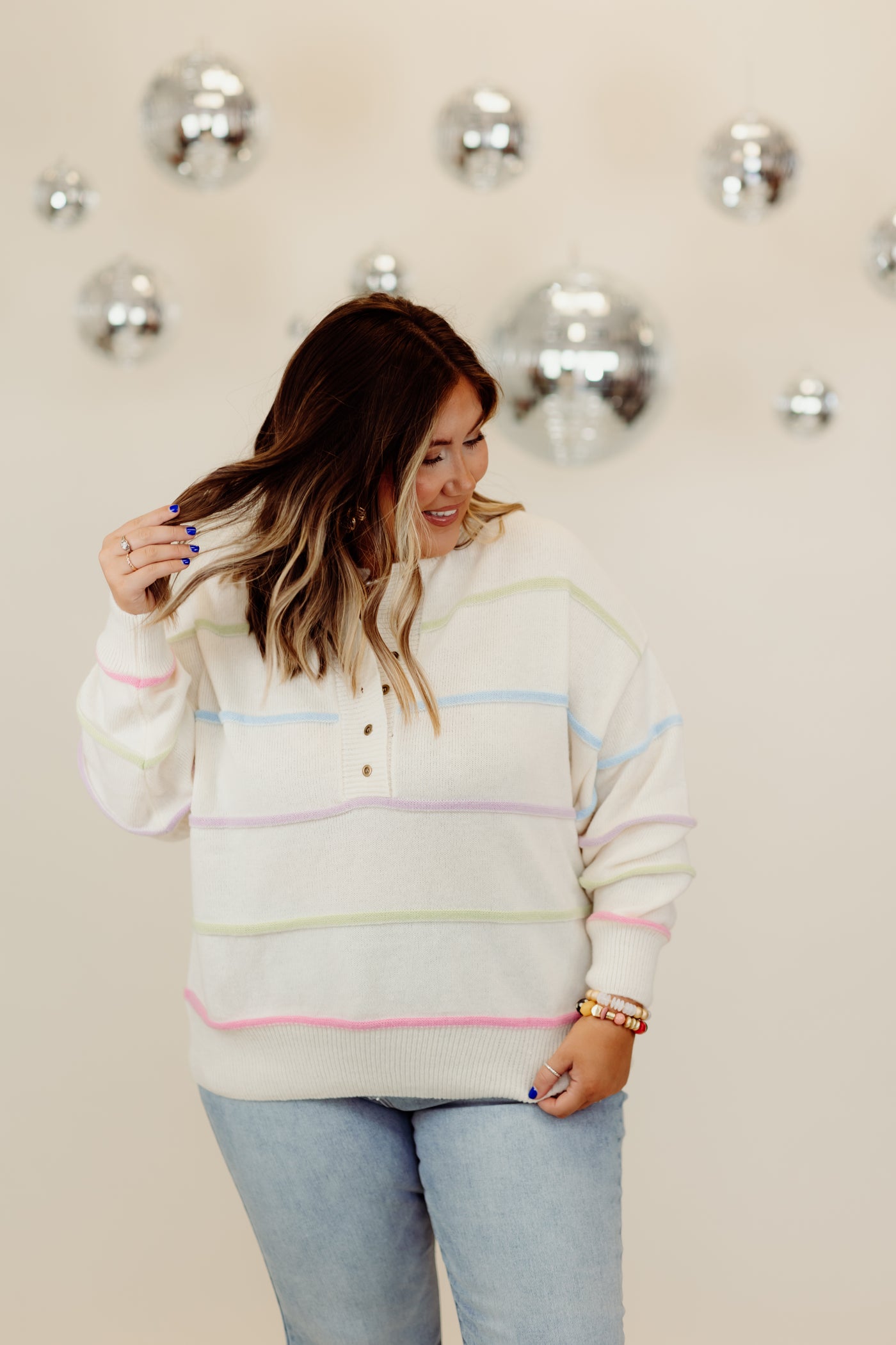 Ivory Multi Stripe Henley Pullover