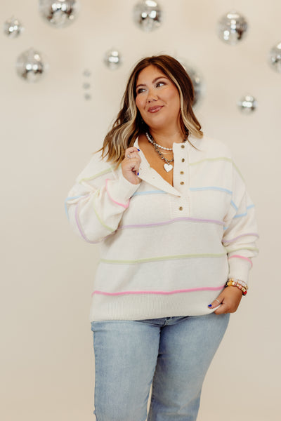 Ivory Multi Stripe Henley Pullover