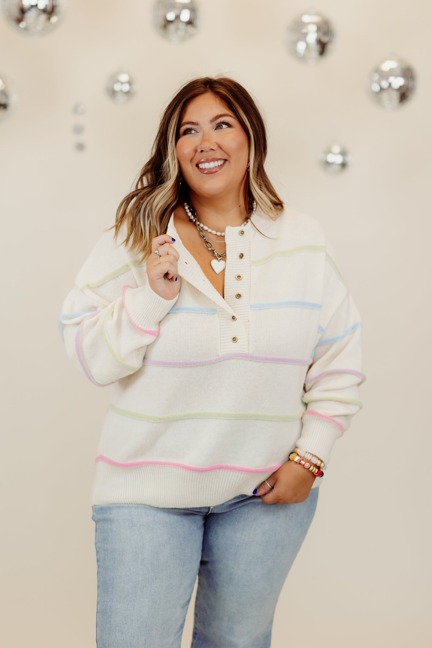 Ivory Multi Stripe Henley Pullover