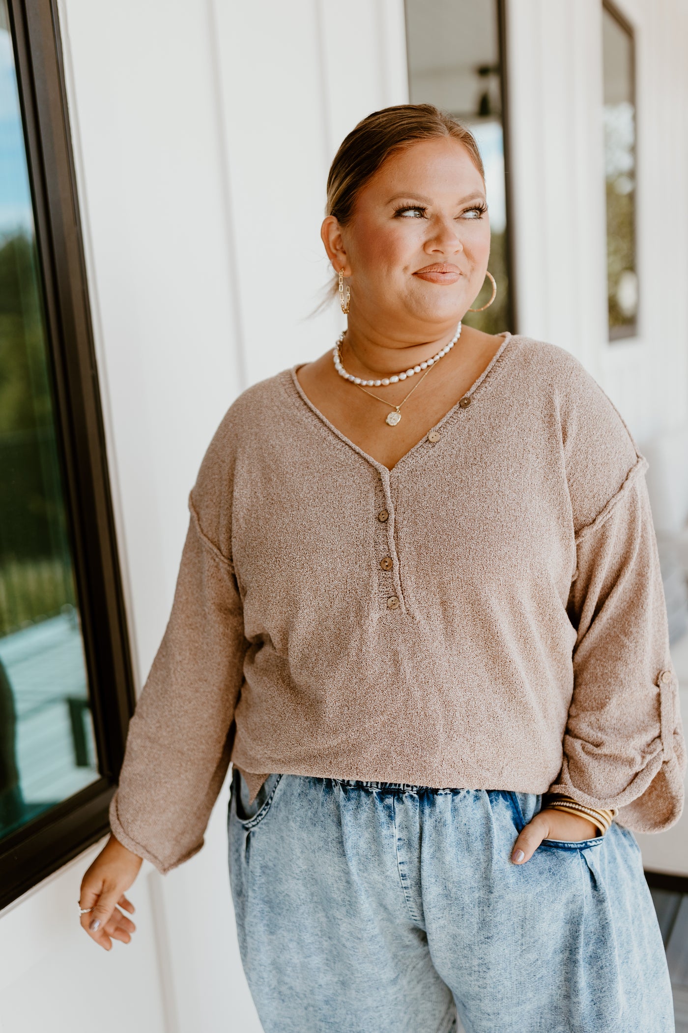 Khaki Long Sleeve Oversized V-Neck Top