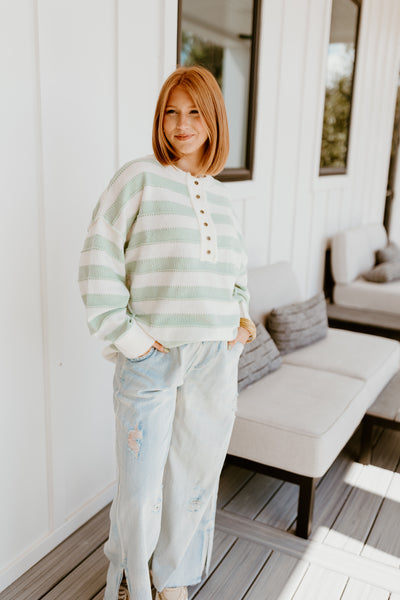 Sage and White Striped Oversized Sweater