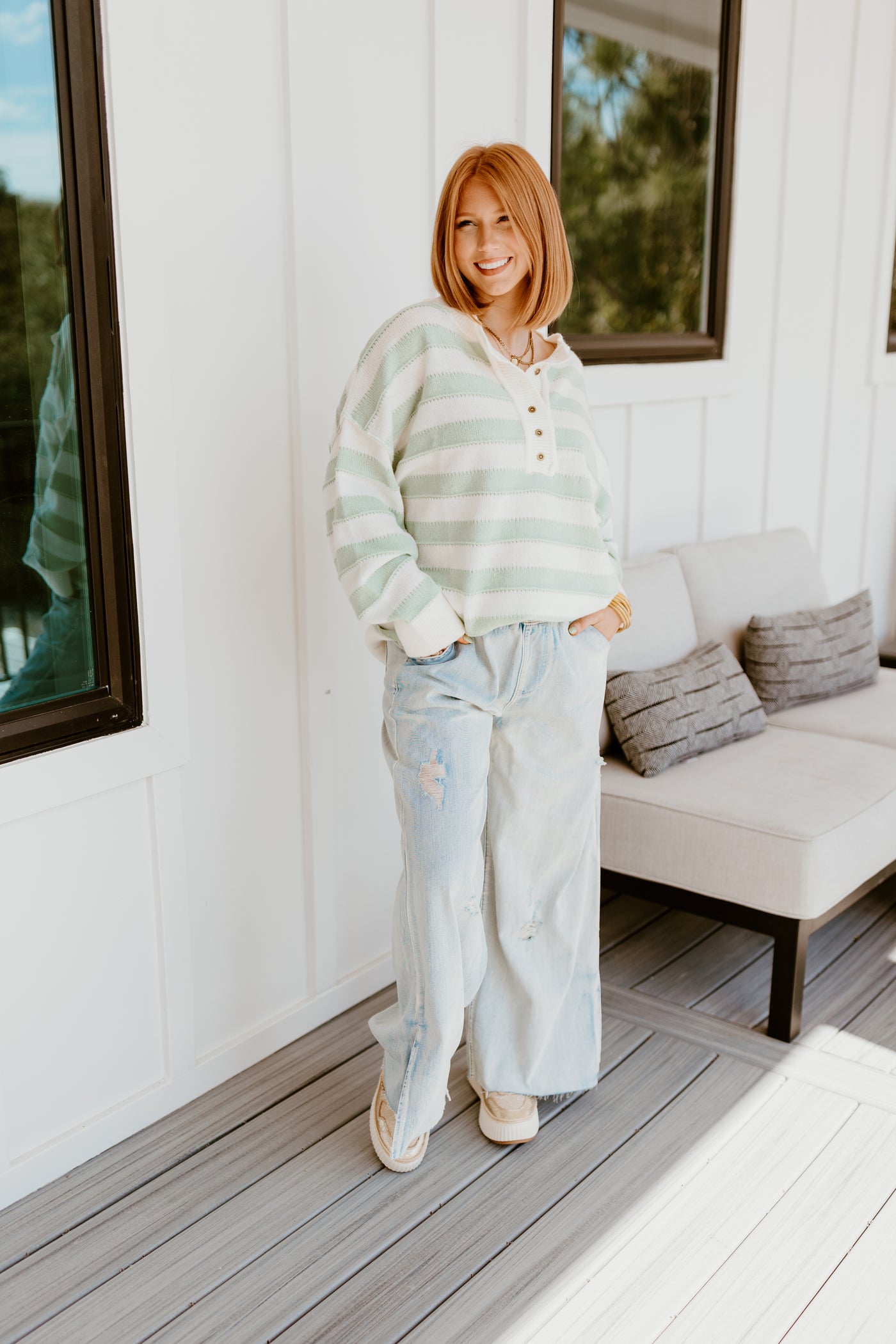 Sage and White Striped Oversized Sweater