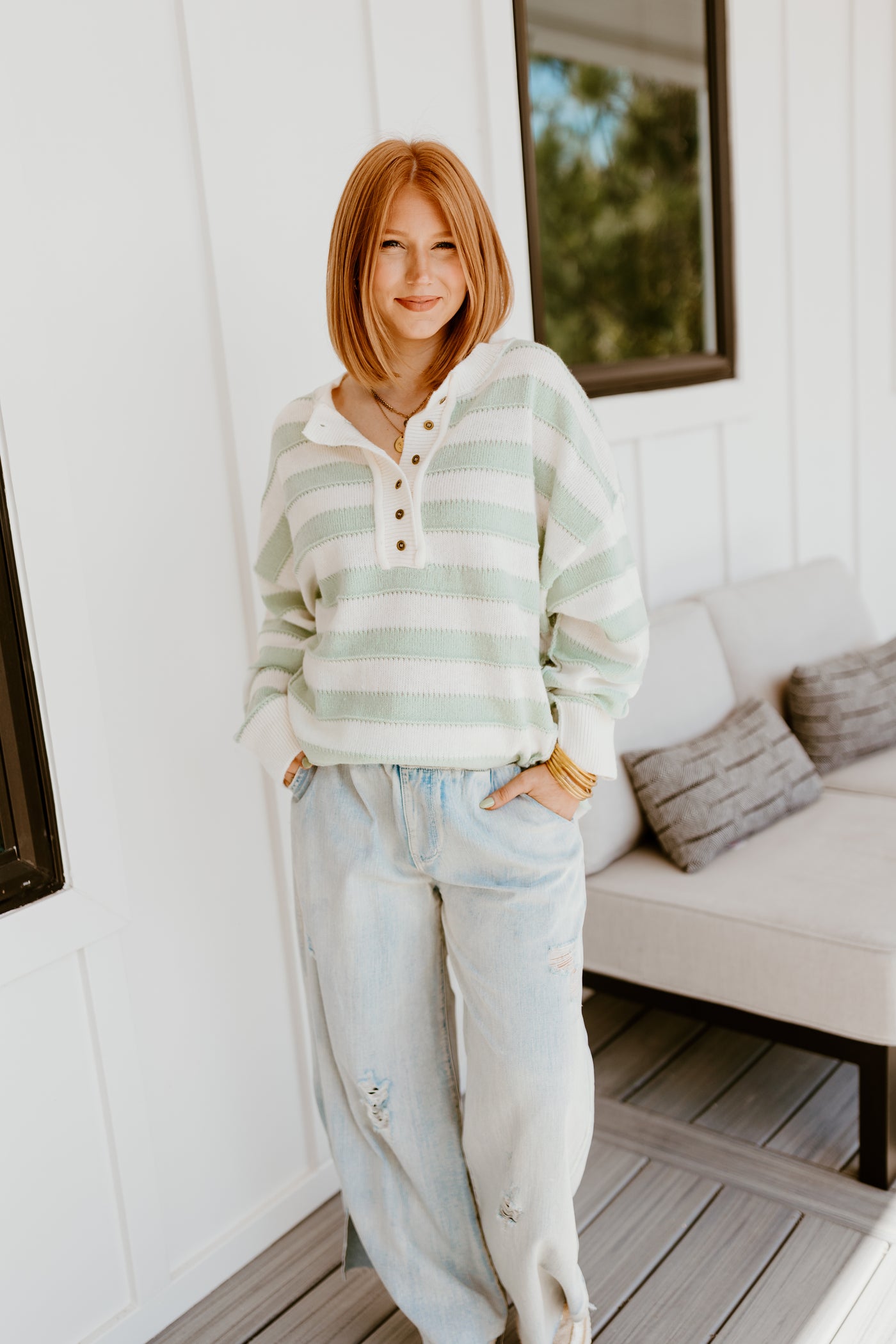 Sage and White Striped Oversized Sweater