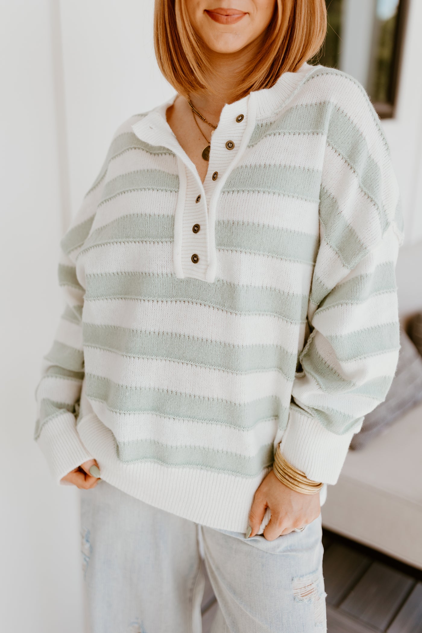 Sage and White Striped Oversized Sweater