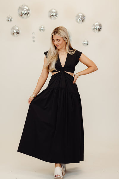 Karlie Black Solid Poplin Knot Cut-Out Maxi Dress