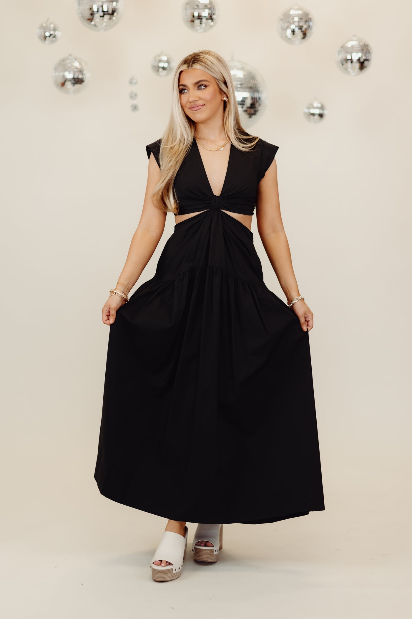 Karlie Black Solid Poplin Knot Cut-Out Maxi Dress