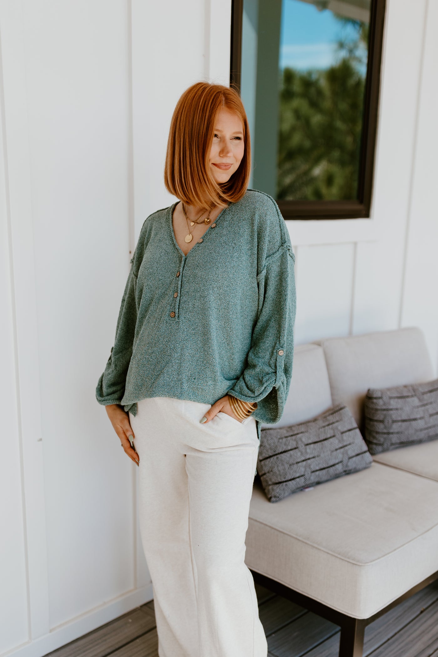 Teal Green Long Sleeve Oversized V-Neck Top