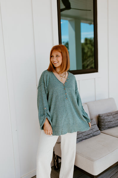 Teal Green Long Sleeve Oversized V-Neck Top