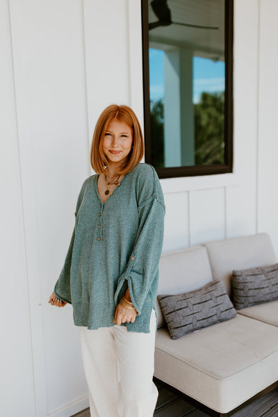 Teal Green Long Sleeve Oversized V-Neck Top