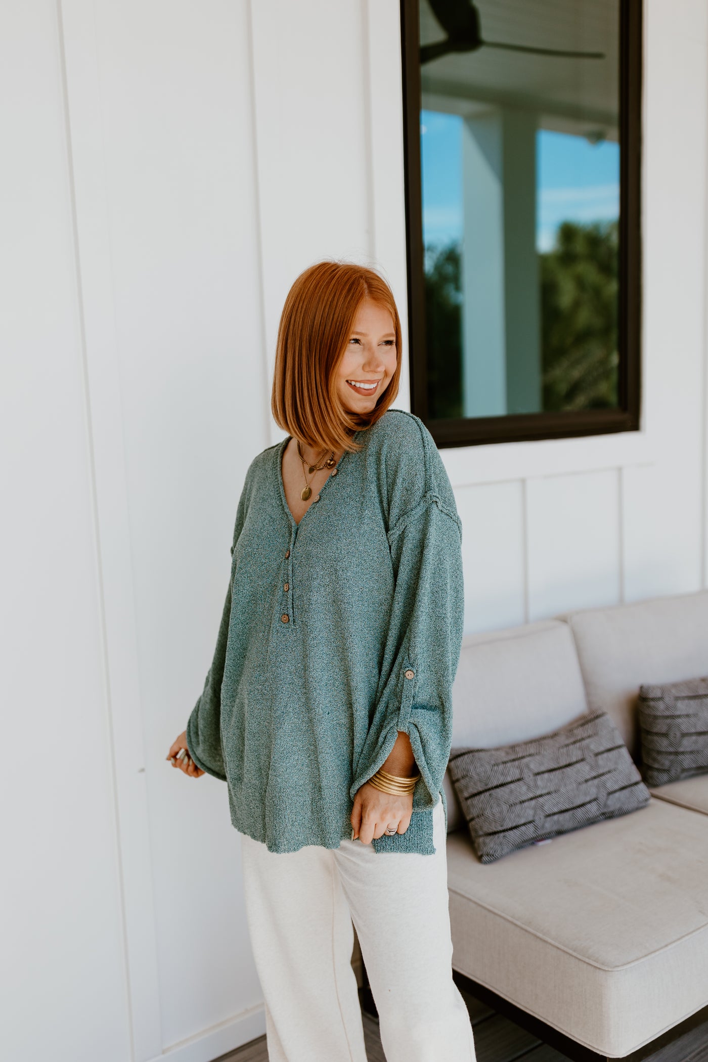 Teal Green Long Sleeve Oversized V-Neck Top