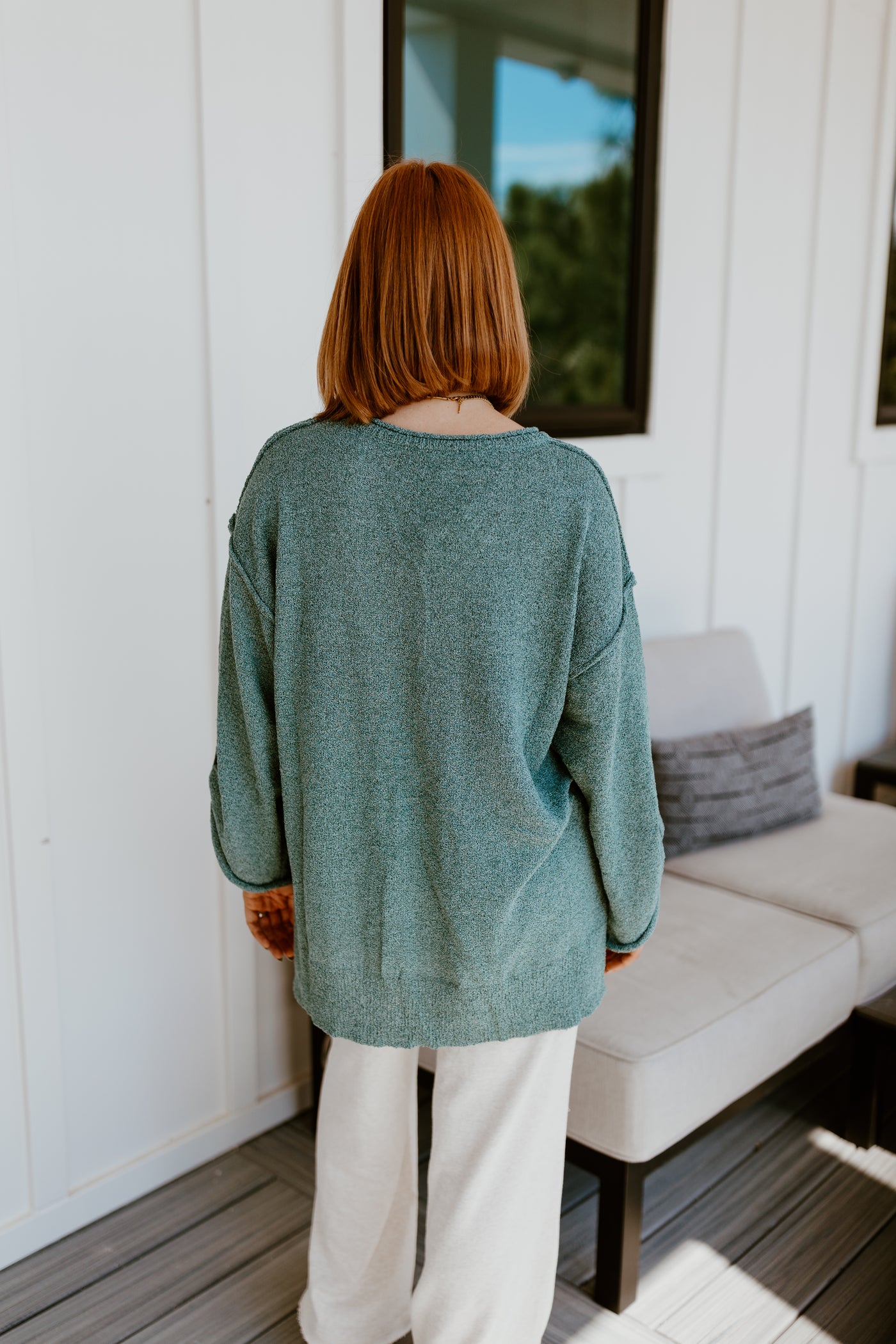 Teal Green Long Sleeve Oversized V-Neck Top