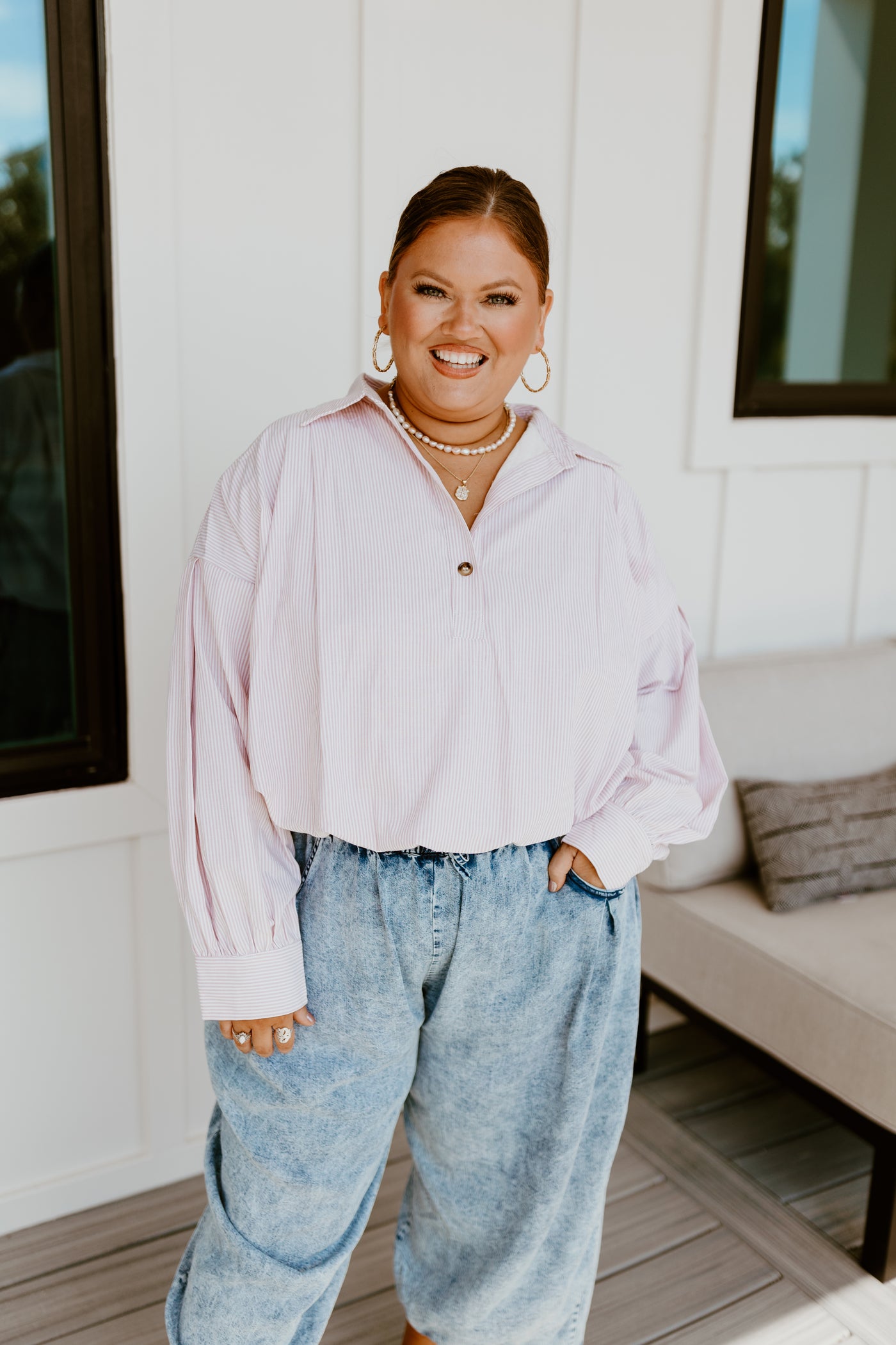 Taupe Long Sleeve Pinstripe Button Detail Blouse