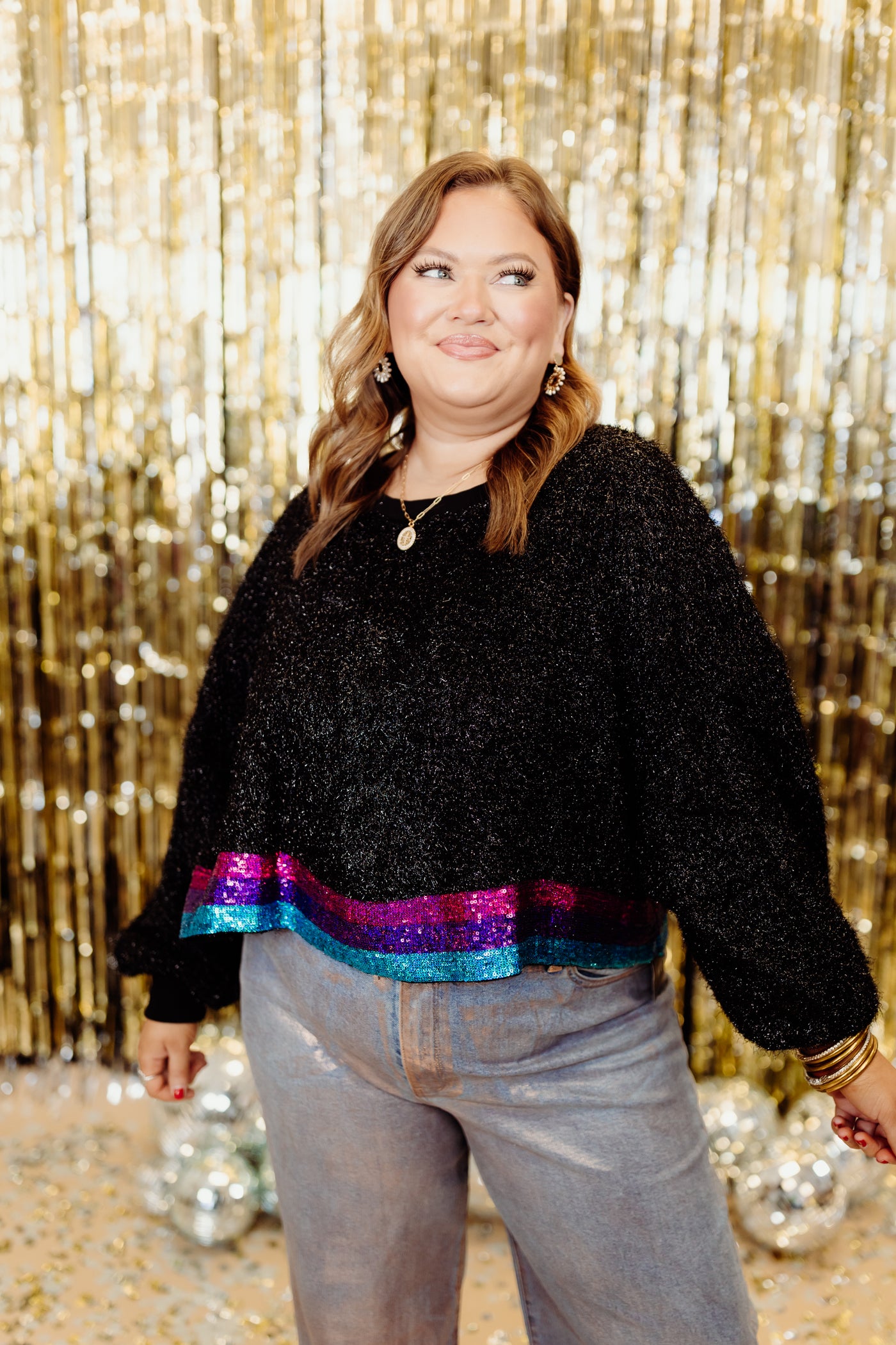 Black Metallic Multicolor Sequin Hem Sweater