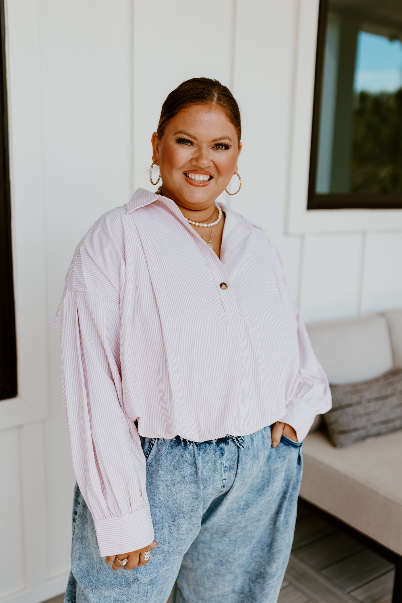 Taupe Long Sleeve Pinstripe Button Detail Blouse