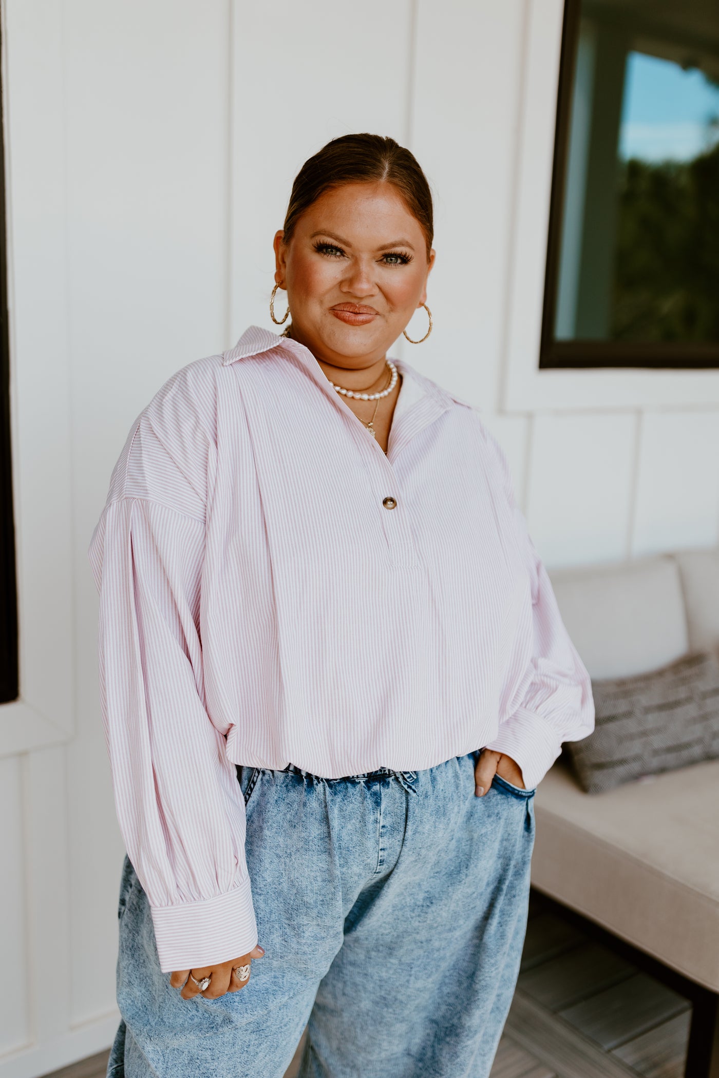 Taupe Long Sleeve Pinstripe Button Detail Blouse