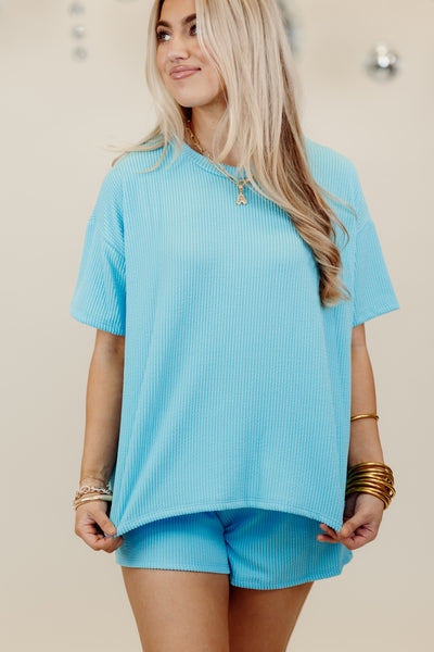 Turquoise Ribbed Relaxed Fit Top and Short Set