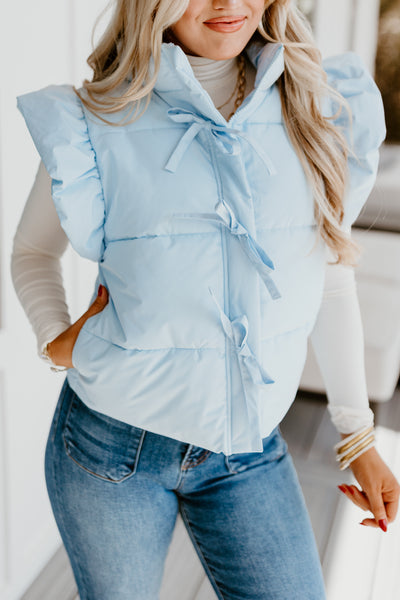 Light Blue Bow Tie Detail Ruffle Puffer Vest