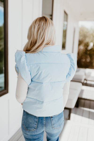 Light Blue Bow Tie Detail Ruffle Puffer Vest