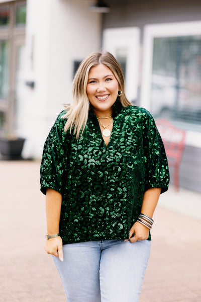 Emily McCarthy Poppy Top in Green Sequin Cheetah