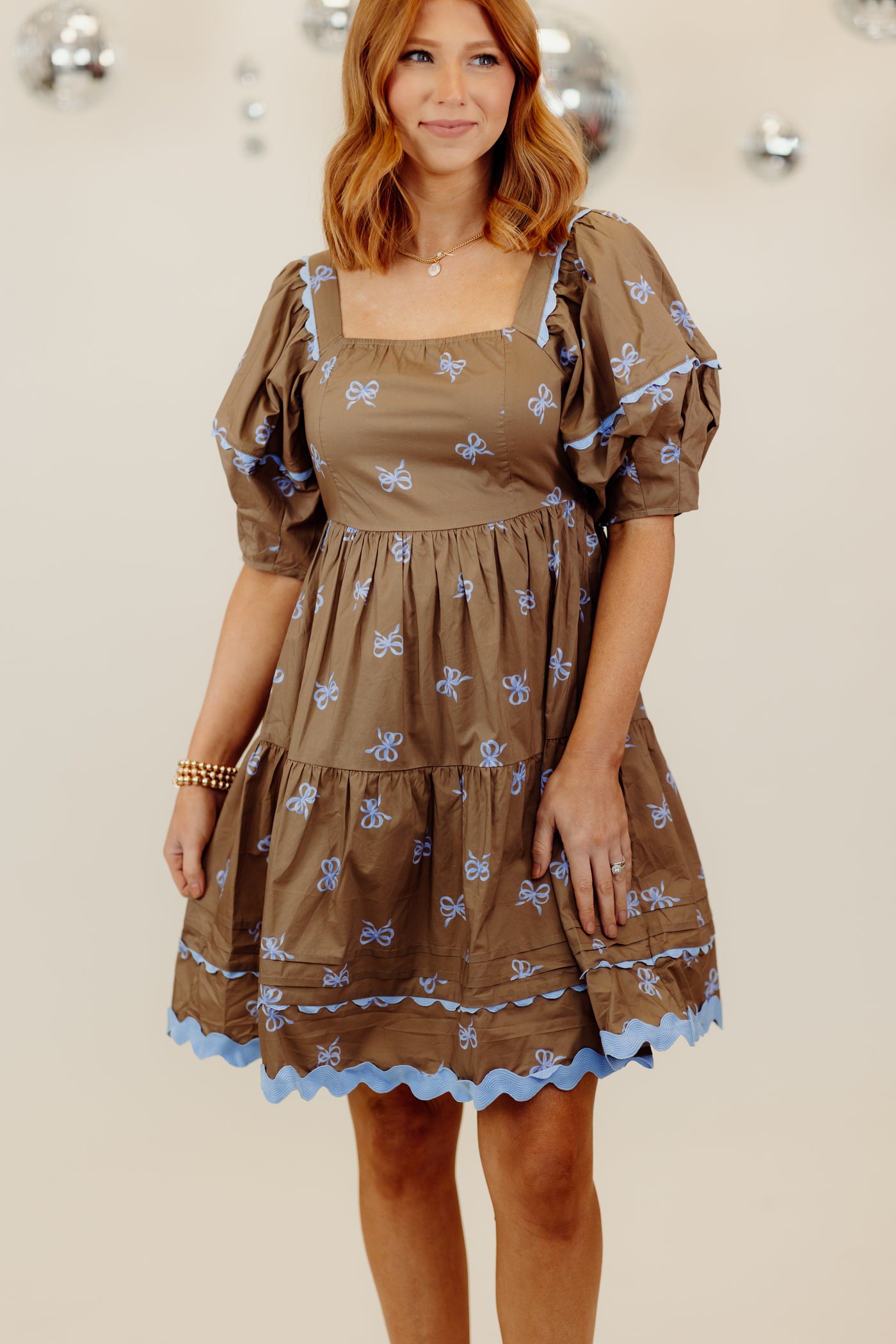 Coffee Tiered Ric Rac Bow Dress