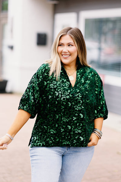 Emily McCarthy Poppy Top in Green Sequin Cheetah