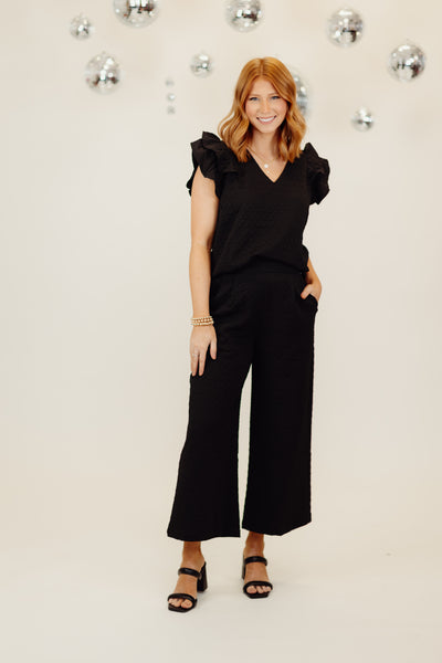 Black Textured Jacquard V-Neck Flutter Sleeve Top and Pant Set