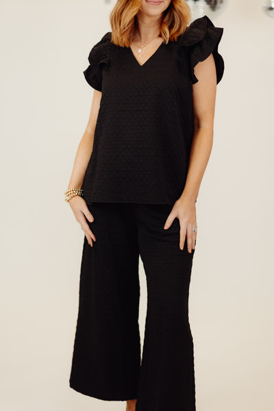 Black Textured Jacquard V-Neck Flutter Sleeve Top and Pant Set