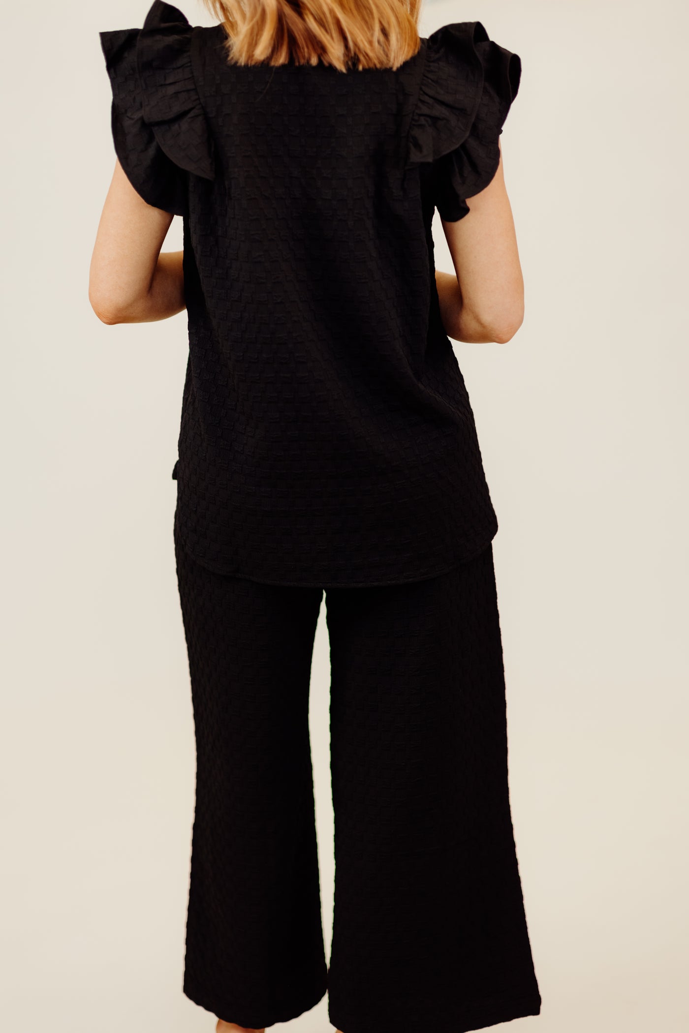 Black Textured Jacquard V-Neck Flutter Sleeve Top and Pant Set