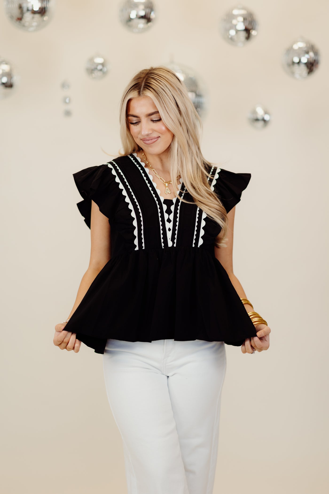 Black Flutter Sleeve Scallop Detail Blouse