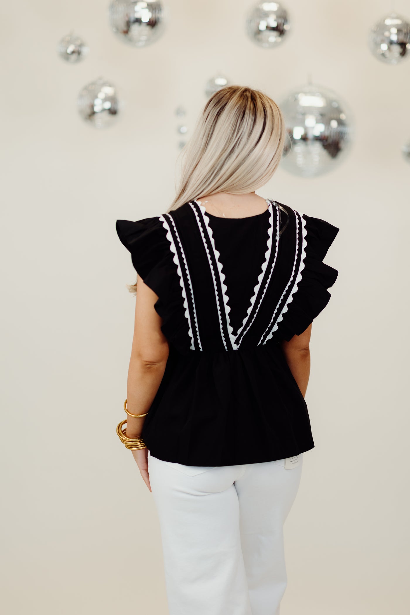 Black Flutter Sleeve Scallop Detail Blouse