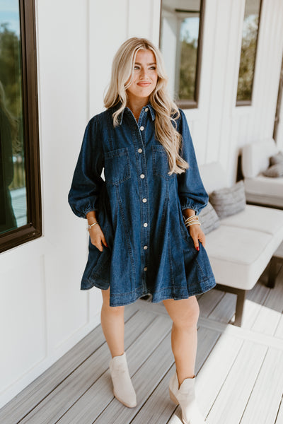 Dark Denim Collared Button Up Pocket Dress