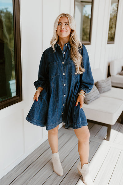 Dark Denim Collared Button Up Pocket Dress